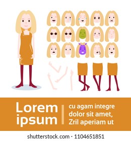 girl character constructor set of various female emotion faces, hands, legs body parts template for design work and animation full length flat person design