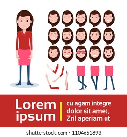 conjunto de constructores de caracteres femeninos de diferentes caras emocionales femeninas, manos, partes del cuerpo de piernas plantilla para el trabajo de diseño y animación diseño de persona plana de longitud completa