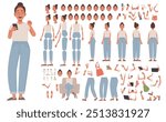 Girl character constructor. Young woman in casual clothes. Set of different positions of hands, legs, head for creating animation and your own illustrations. DIY kit. Vector illustration in flat style