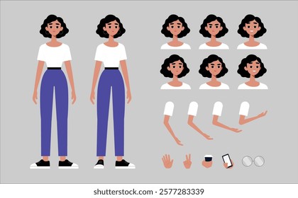 Girl character constructor. Young woman in casual clothes. Set of different positions of hands, legs, head for creating animation and your own illustrations. DIY kit. Vector illustration in flat style