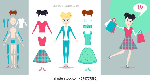 Girl character creation set. Cartoon vector flat style infographic illustration. Young woman character with moving joints. Create different poses and situations