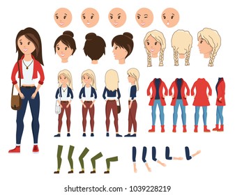 Girl character creation set vector illustration. Female constructor with various emotion on face, hand, leg, pose, hairstyle. Front, side, back view animated teenager with bag over shoulder