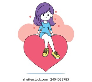 Girl character cute sit on big heart balloon falling in love concept for love and Valentine, flat illustration style on whait background.