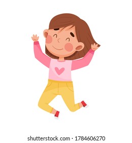 Girl Character with Dark Hair Jumping High with Joy and Excitement Vector Illustration