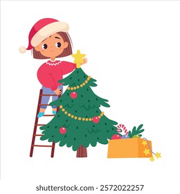 Girl Character Decorate Fir Tree Celebrate Christmas Holiday at Winter Vector Illustration