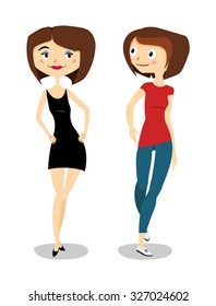 girl character design, set of different poses, clothes, emotions, sexy, beauty, casual, smile. vector illustration