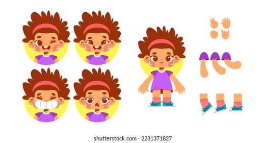 girl, character designer, creation of a child from body parts, generator, template, emotions of a small cartoon child, joy, surprise, laughter, avatars of children, funny person