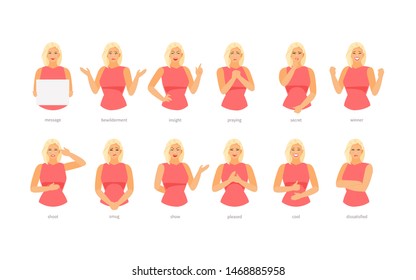 Girl character with different emotions and gestures, Part 3. Vector illustration