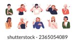 Girl character with different face expressions, hand gestures. Young women, happy, puzzled, surprised emotions. Female expressing moods. Flat graphic vector illustrations isolated on white background