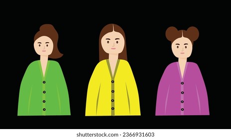 Girl character in different hairstyle wearing sweater winter wear. Flat illustration 