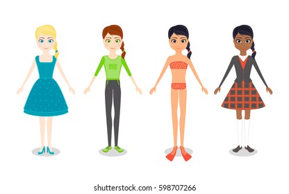 Girl character different races set. Sportswoman, schoolgirl, swimmer, girl in dress. Cartoon vector flat style illustration. Young character with moving joints. Create different poses and situations