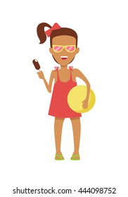 Girl character in dress and sunglasses with ice-cream and ball vector flat design illustration. Smiling child ready for summer camp ant beach entertainments standing isolated on white background.