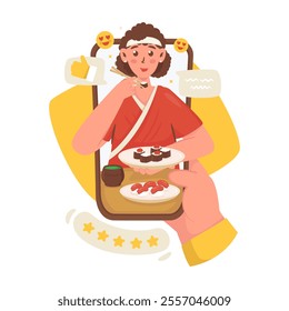 A girl character eating sushi, Japanese food vloger review, Vector illustration