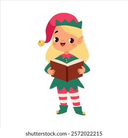 Girl Character in Elf Costume Sing Carols Celebrate Christmas Holiday at Winter Vector Illustration