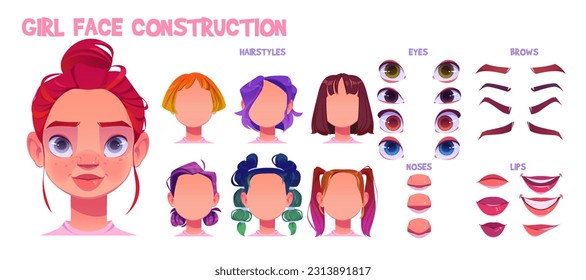 Girl character face avatar construction cartoon. Female hairstyle, eye, nose, mouth and lips illustration create kit for clipart animation. Beautiful hippie kid facial emotion creator design set.