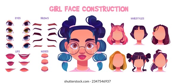 Girl character face avatar construction for animation. Isolated female mouth, brow, lips, nose and hairstyle set to create young person. Generator for lady with brunette ponytail or blue kanekalon