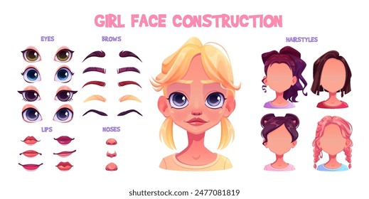 Girl character face construction for cartoon avatar set. Female kid constructor with mouth, hair, nose and eye game kit. Facial creation generator for caucasian portrait for different daughter head