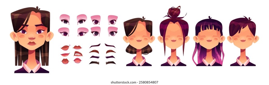 Girl character face constructor with various hairstyles, facial expressions, eyes, lips and eyebrow variations. Female avatar customization set with different emotional states for diy animation.