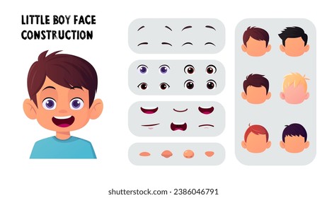 Girl Character Face Creation, Construction set, Cartoon Kid Face Generator with Hair, eyes, Mouth, nose, eyebrows