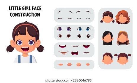 Girl Character Face Creation, Construction set, Cartoon Kid Face Generator with Hair, eyes, Mouth