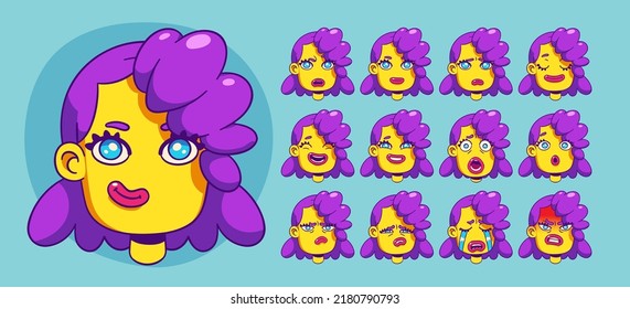 Girl character face with different emotions. Vector set of woman head in contemporary style. Female facial expression, portraits of girl smile, happy, surprise, angry, laugh and cry