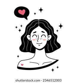 Girl character fall in love. Doodle style. Hand drawn simple vector illustration. Love concept. Manga style. Cute female character with closed eyes smiling