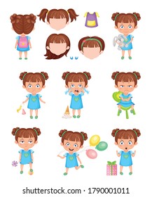 Girl Character Feeling Sadness and Happiness Vector Set
