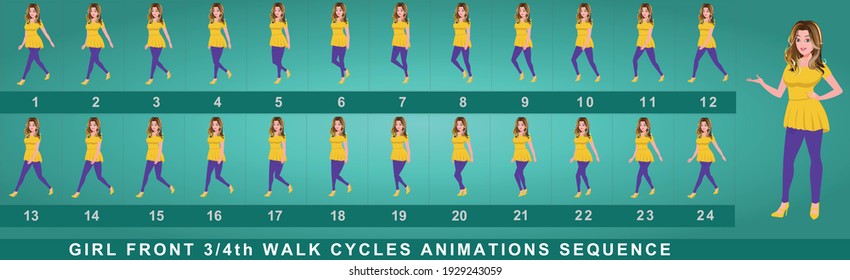 Girl Character Front Walk Cycle Animation Sequence.  Frame By Frame Animation Sprite Sheet Of Woman Walk Cycle.