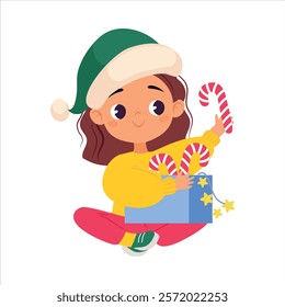 Girl Character with Gift Box Celebrate Christmas Holiday at Winter Vector Illustration