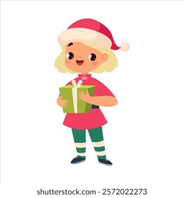 Girl Character with Gift Box Celebrate Christmas Holiday at Winter Vector Illustration