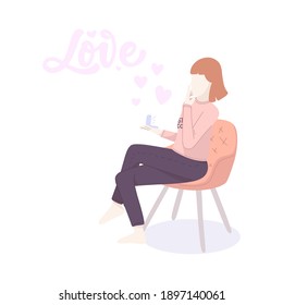 Girl character with gift in cartoon flat style. Minimalism female person design. Valentine's day concept with lettering Love. Happy woman. Vector illustration
