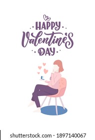 Girl character with gift in cartoon flat style. Minimalism female person design. Valentine's day concept with lettering Love. Happy woman. Vector illustration