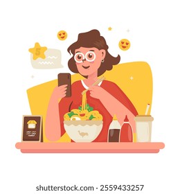 Girl character give food reviews and ratings, Noodle food blogger review, Vector illustration