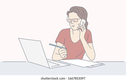 Girl character with glasses using laptop and talking on the phone. Hand drawn vector illustration.