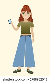 
Girl character in green t-shirt and jeans smiles and holds smartphone in hands shows phone display vector illustration