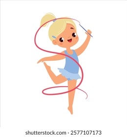 Girl Character with Gymnastics Ribbon Do Sport Vector Illustration