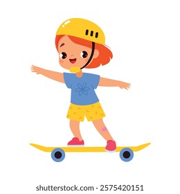 Girl Character in Helmet Ride Skateboard Do Sport Vector Illustration