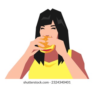 girl character holding and eating hamburger with both hands. half body. concept of food, fast food, hunger, health, etc. flat vector illustration.