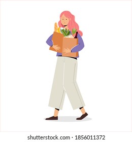 Girl character holding paper bags full of food from supermarket. Vector illustration in flat style