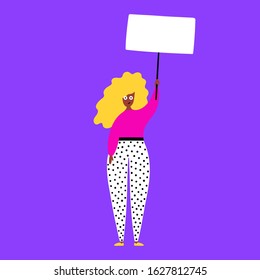 Girl character holding placard on stick - Young woman protester, activist with white demonstration banner - Social movement concept, space for text - Vector illustration