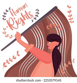 Girl character holding a protest flag Human rights concept Vector