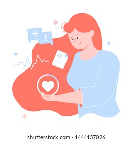 Girl character holds heart. Women Health. Icons for consultation, prescription doctor, heartbeat.