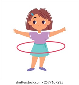 Girl Character with Hula Hoop Do Sport Vector Illustration