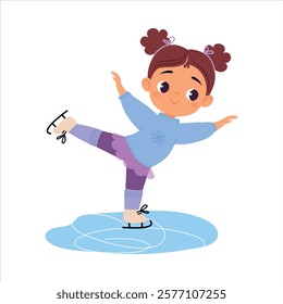 Girl Character Ice Skating on Rink Do Sport Vector Illustration