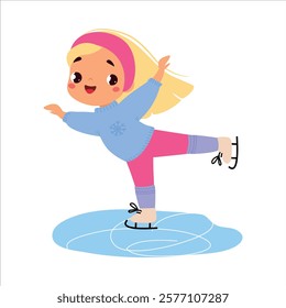 Girl Character Ice Skating on Rink Do Sport Vector Illustration