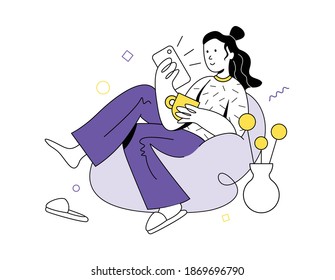 Girl Character looking at the phone. Vector flat style illustration. Девушка дома смотрит в телефон.