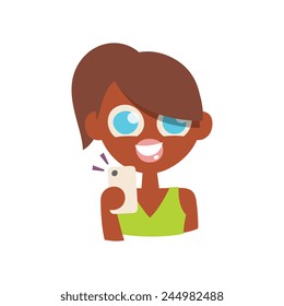 girl character make a photo on smartphone, cartoon flat style, vector art illustration.