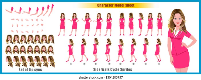 Girl Character Model Sheet With Walk Cycle Animation. Flat Character Design. Front, Side, Back View Animated Character. Character Creation Set With Various Views, Face Emotions,poses And Gestures.