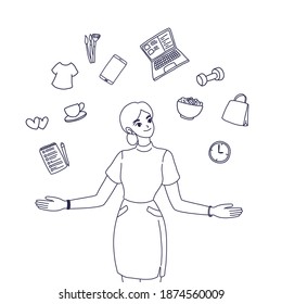 Girl character multi-tasking vector design. Cartoon illustration.