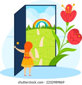 Girl character open flat door concept, vector illustration. Summer nature design with flower, field and cartoon rainbow icon.